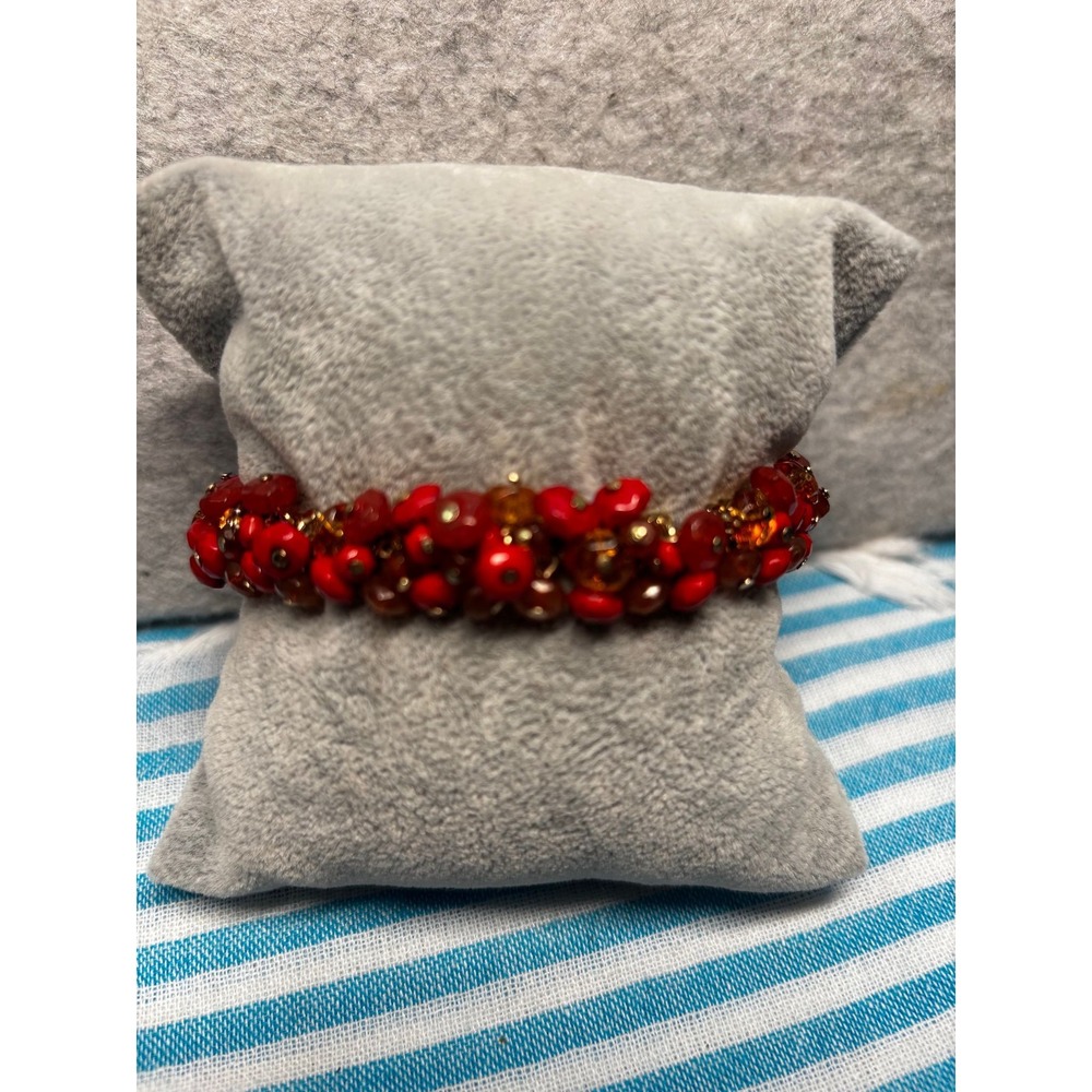#52. Vibrant Fiery Red & Amber Cluster Beaded Stretch Bracelet